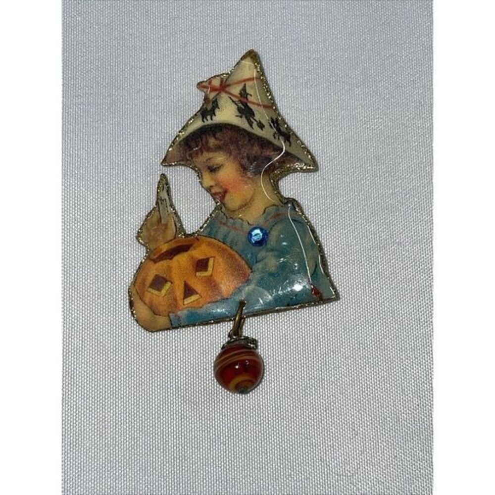 Rare Vintage Halloween Girl with Pumpkin Pin Brooch